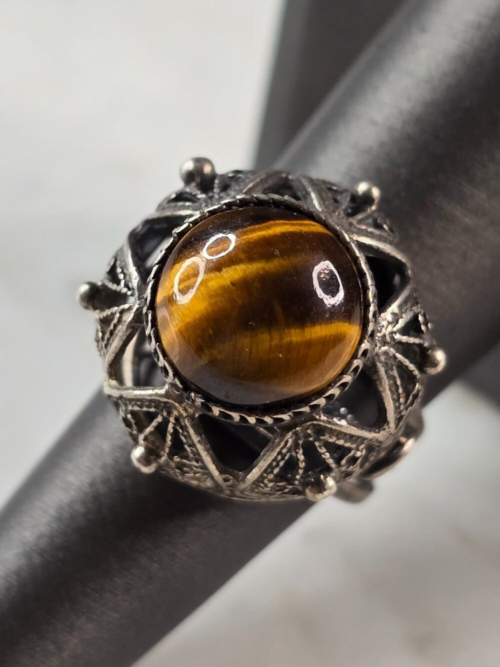 Womens Vintage Estate Sterling Silver Tigers Eye Cocktail Ring 7.1g E4110